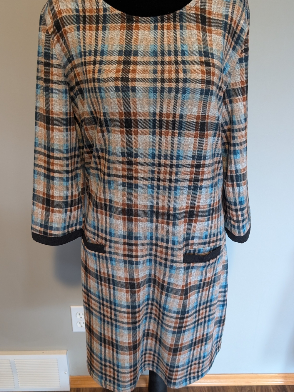 Plaid Shift Dress with Blue and Brown Checks
